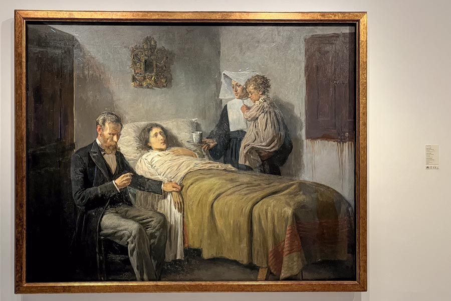 Gemälde einer kranken Frau, am Bett sitzt ein Arzt der ihren Puls nimmt und zu ihrer linken steht eine Nonne mit einem Kind auf dem Arm.