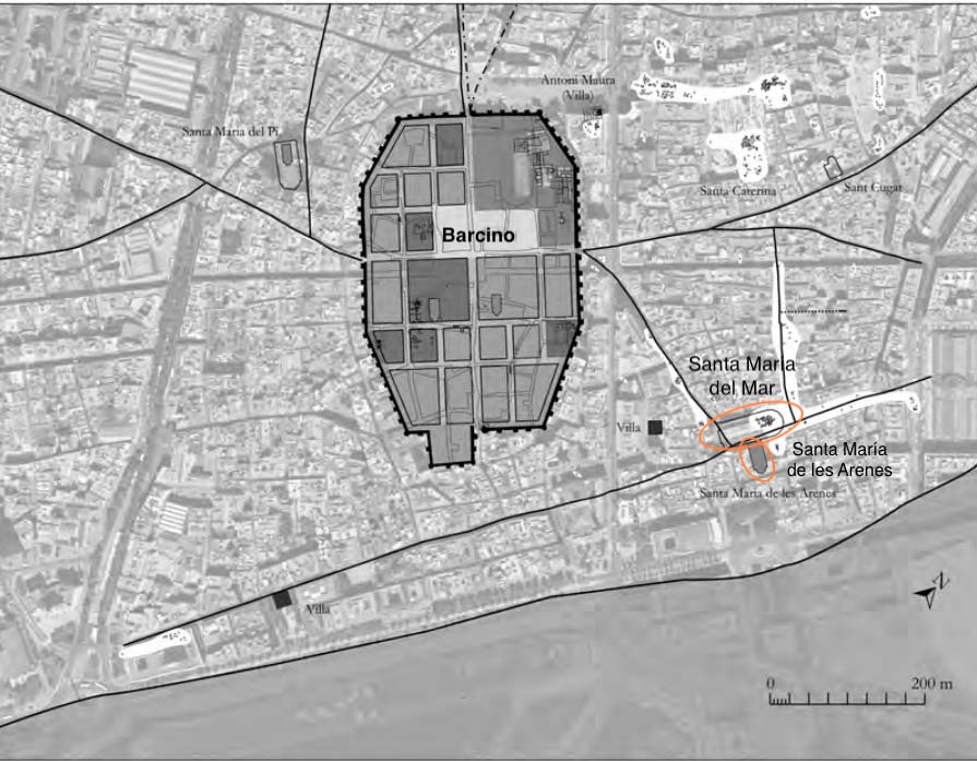 Lageplan des römischen Barcino und der Kirche außerhalb der Stadtmauern.