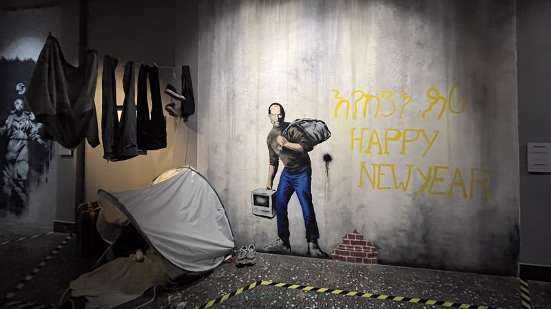 Graffiti des Apple-Gründers Steve Jobs, dargestellt als obdachloser, syrischer Flüchtling.