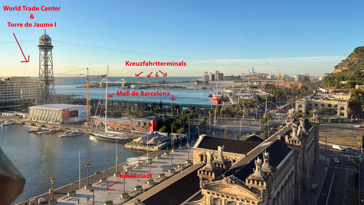 Der Hafen von oben mit den Kreuzfahrtterminals, dem World Trade Center, der Torre de Jaume I und Wegweiser in die Innenstadt.